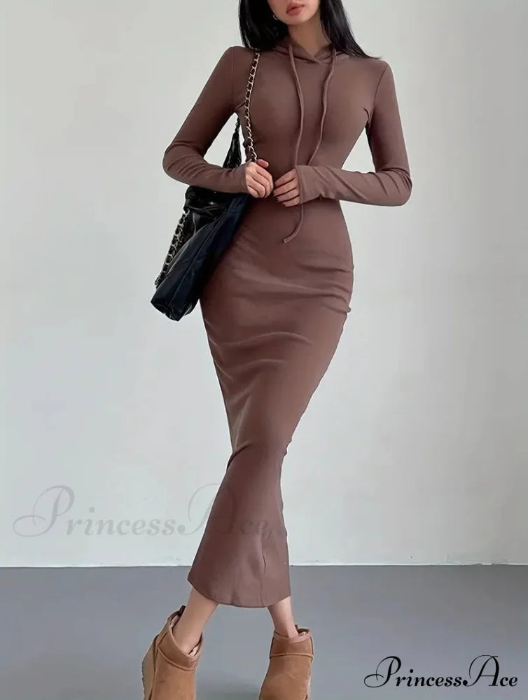 Casual Long Sleeve Drawstring Hooded Bodycon Dress - Black