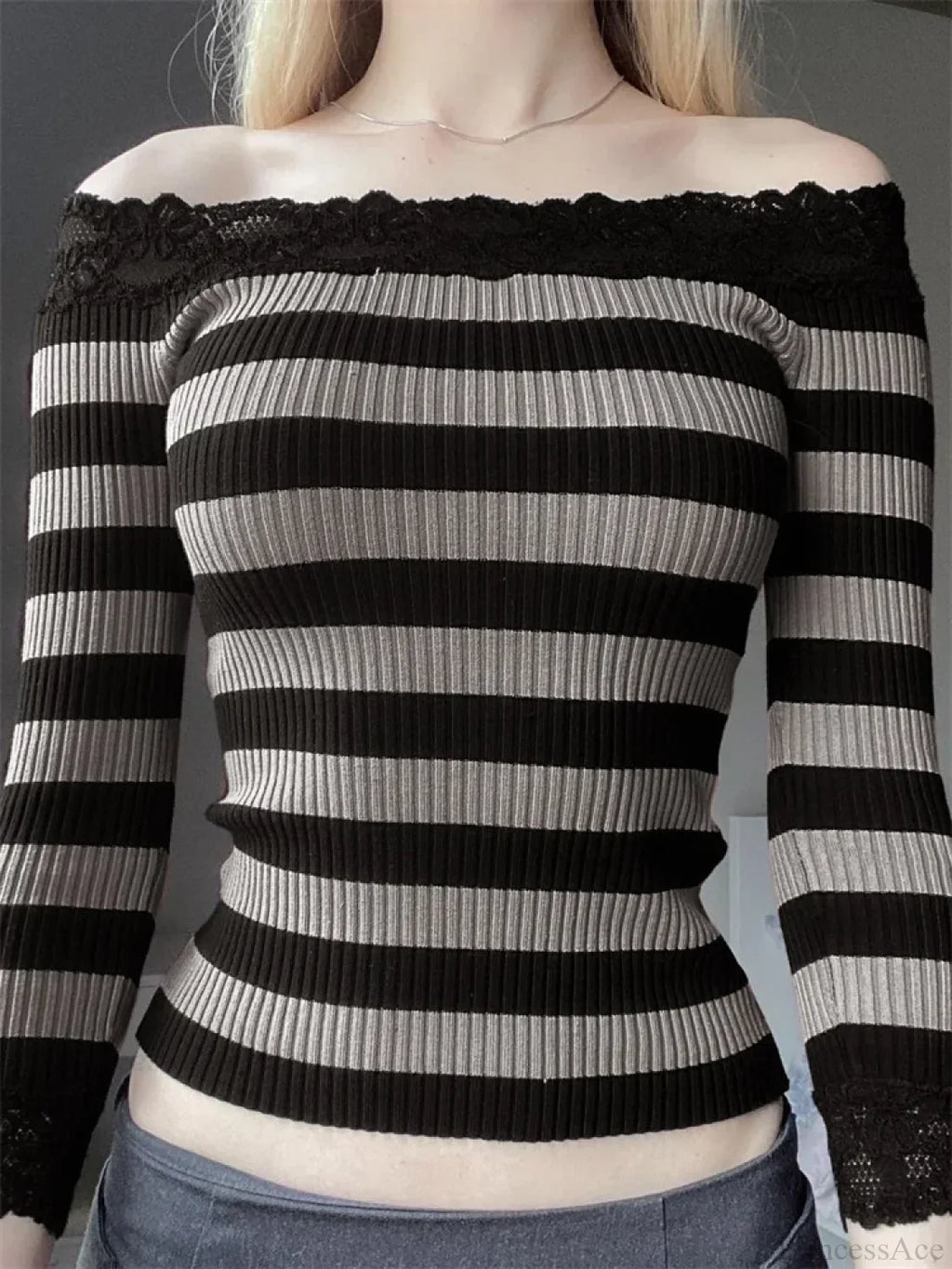 Casual Long Sleeve Retro Striped Off-Shoulder Knit Top