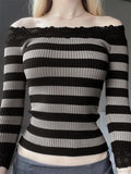 Casual Long Sleeve Retro Striped Off-Shoulder Knit Top