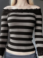 Casual Long Sleeve Retro Striped Off-Shoulder Knit Top