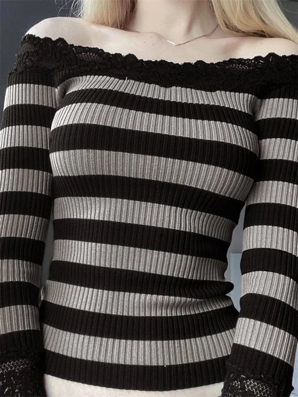 Casual Long Sleeve Retro Striped Off-Shoulder Knit Top