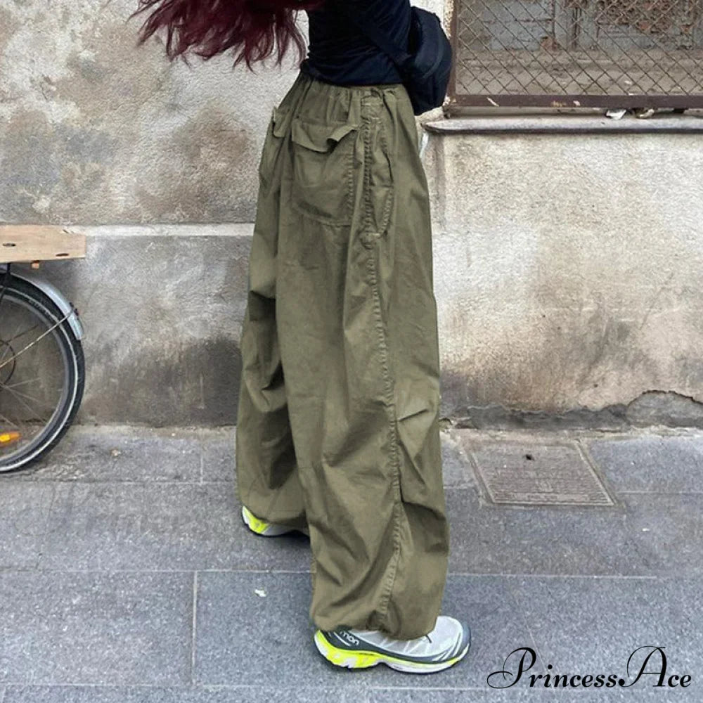 Casual Low Waist Ruched Trim Classic Baggy Cargo Pants - Brown