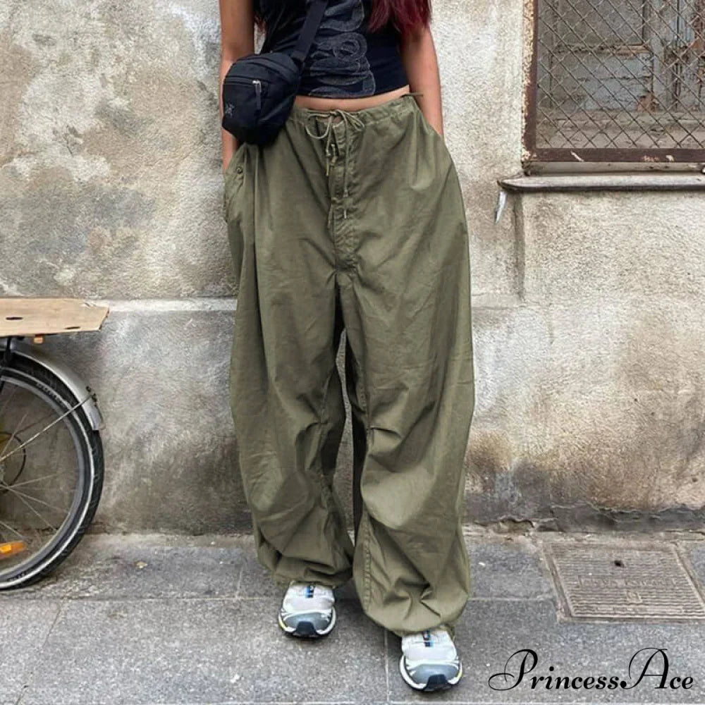 Casual Low Waist Ruched Trim Classic Baggy Cargo Pants - Brown