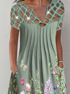 Casual Printed Floral Cutout V Neck Dress