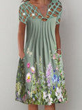 Casual Printed Floral Cutout V Neck Dress