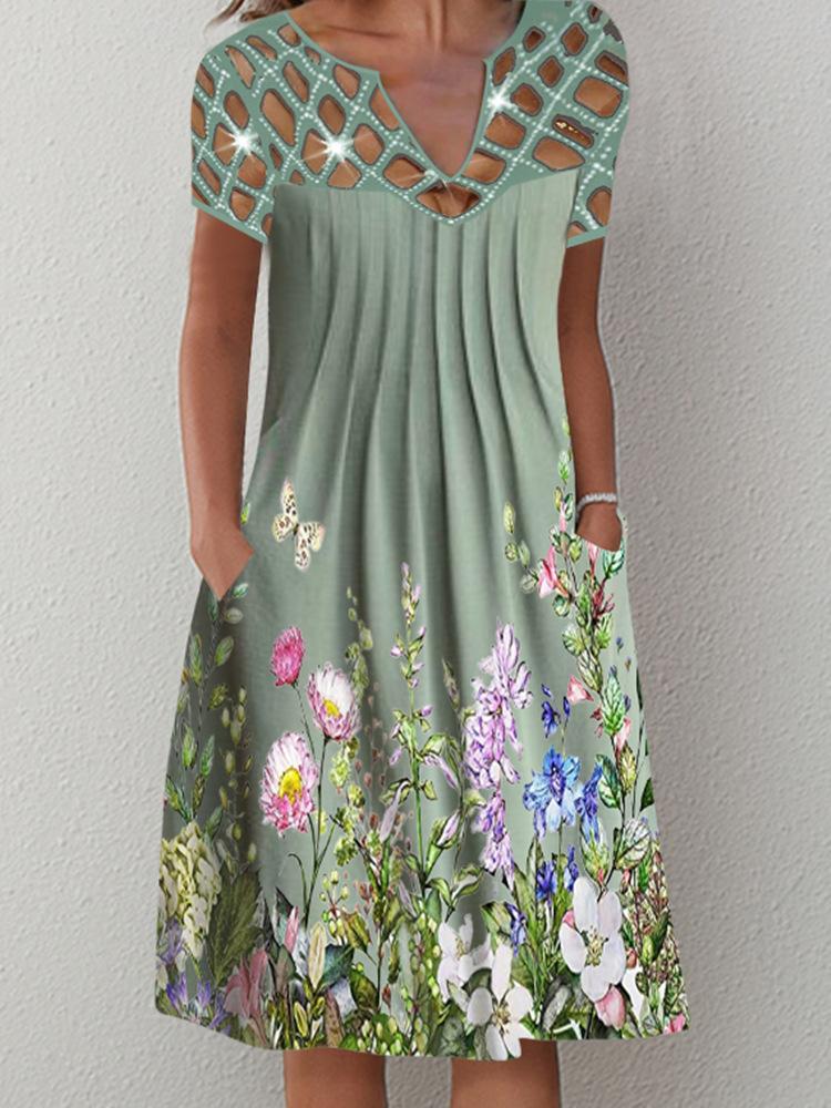 Casual Printed Floral Cutout V Neck Dress