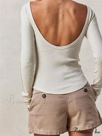 Casual Ribbed Long Sleeve Solid Slim Fit Backless T-Shirts