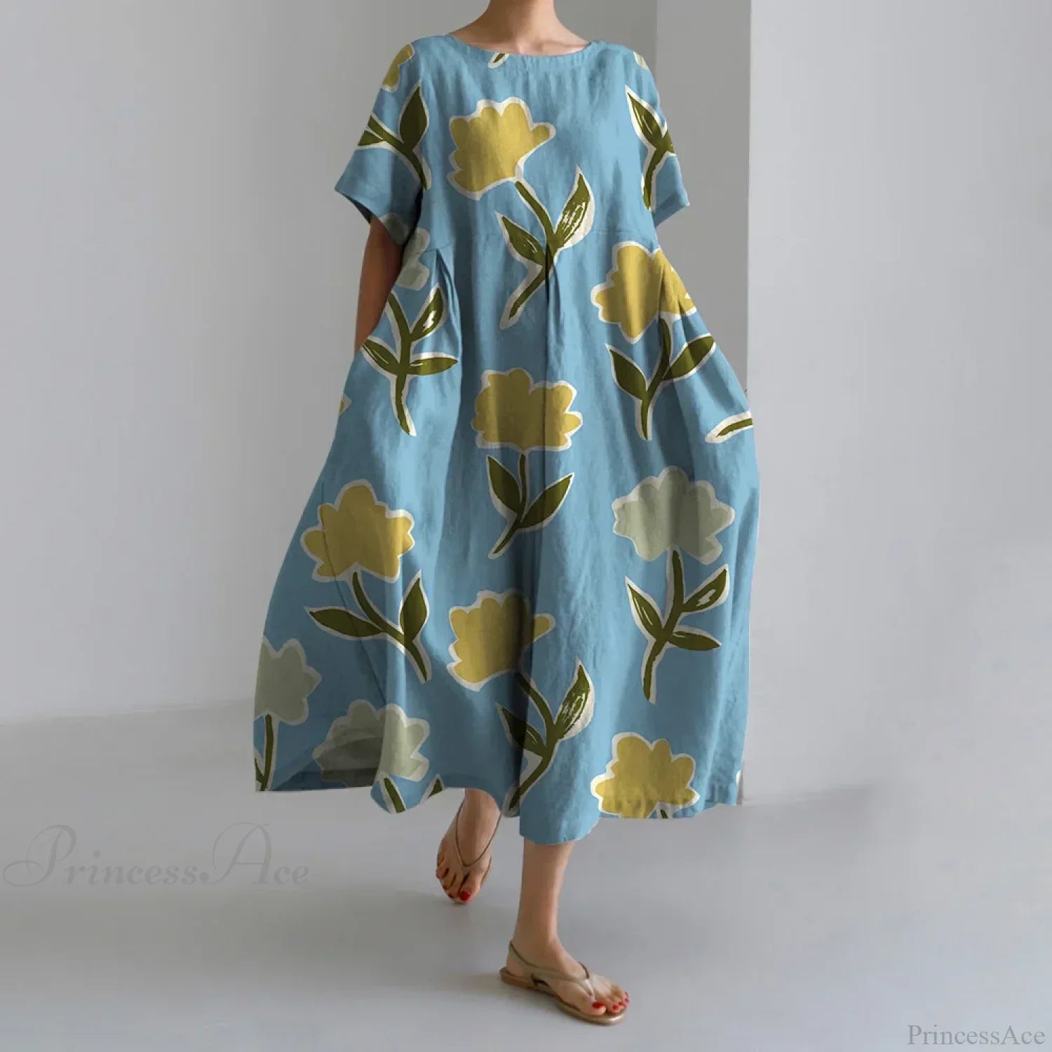 Casual Round Neck Floral Print Loose Long Summer Dress
