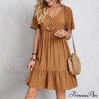Casual Ruffle V Neck Midi Shift Dress for Women
