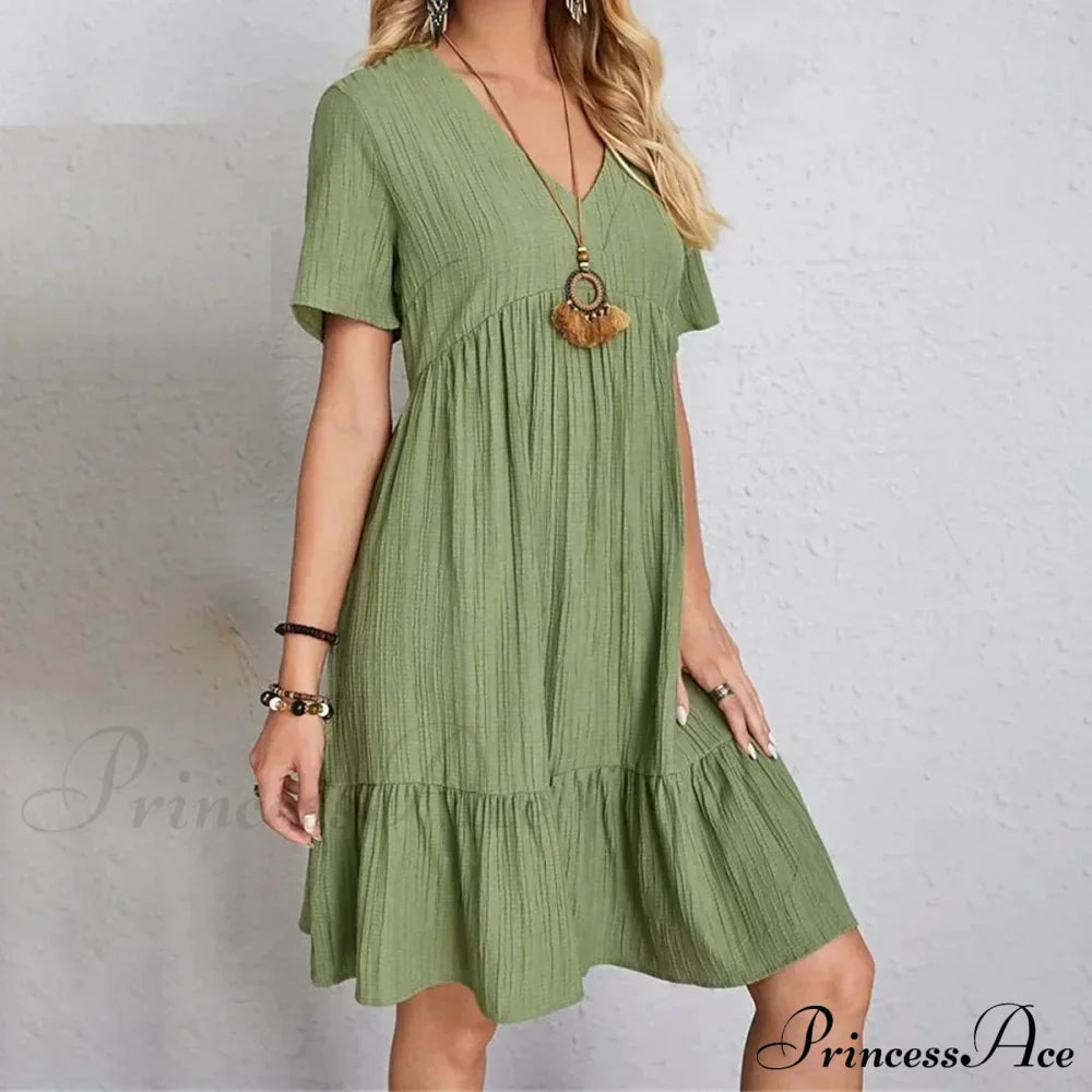 Casual Ruffle V Neck Midi Shift Dress for Women