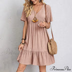 Casual Ruffle V Neck Midi Shift Dress for Women