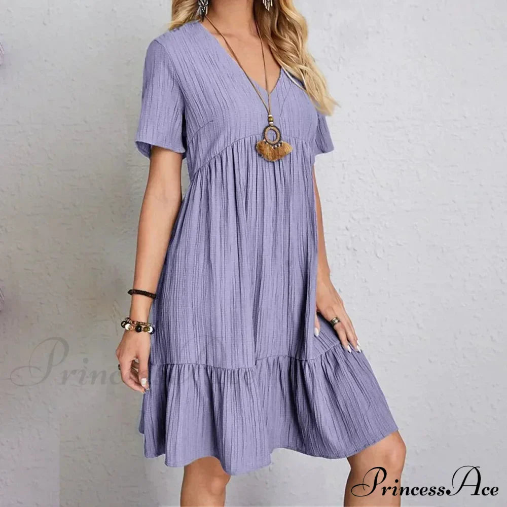 Casual Ruffle V Neck Midi Shift Dress for Women