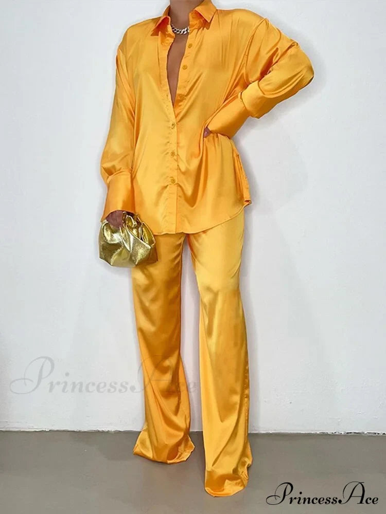 Casual - Set Elegant Women's Long and with Outfit Wide Solid Two Piece Arm Blouse Leg Loose Satin Pants