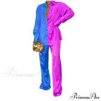 Casual - Set Elegant Women's Long and with Outfit Wide Solid Two Piece Arm Blouse Leg Loose Satin Pants