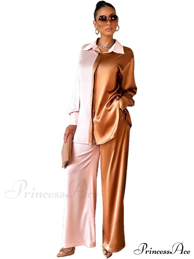 Casual - Set Elegant Women's Long and with Outfit Wide Solid Two Piece Arm Blouse Leg Loose Satin Pants