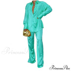 Casual - Set Elegant Women's Long and with Outfit Wide Solid Two Piece Arm Blouse Leg Loose Satin Pants