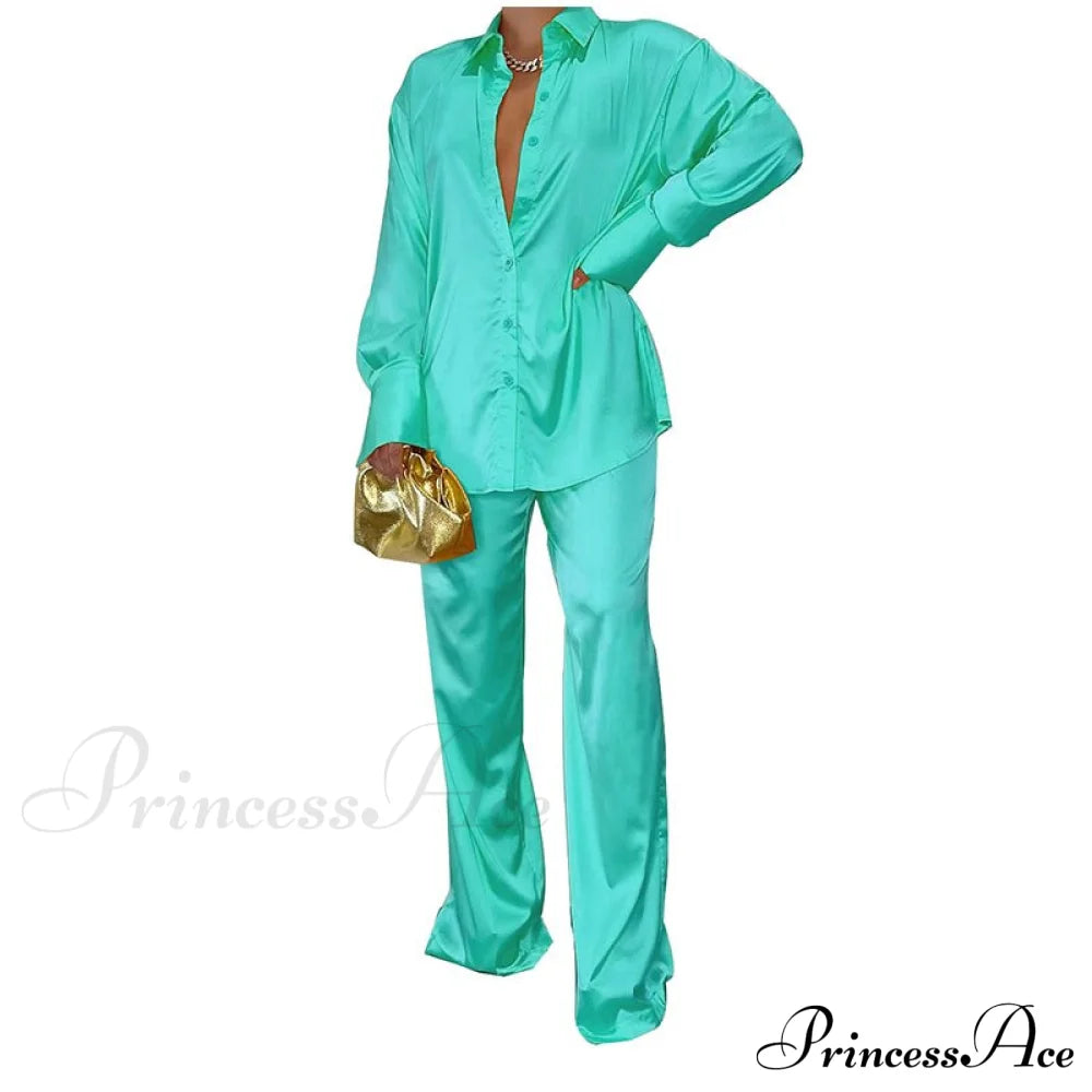 Casual - Set Elegant Women's Long and with Outfit Wide Solid Two Piece Arm Blouse Leg Loose Satin Pants