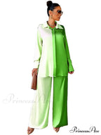 Casual - Set Elegant Women's Long and with Outfit Wide Solid Two Piece Arm Blouse Leg Loose Satin Pants