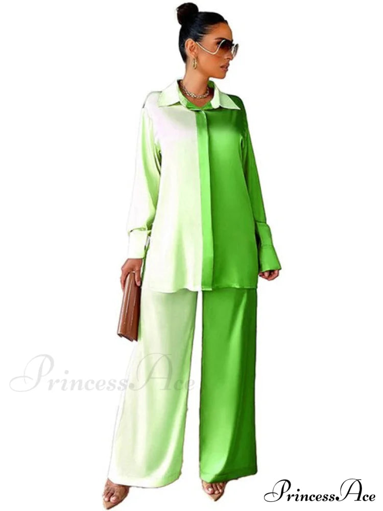 Casual - Set Elegant Women's Long and with Outfit Wide Solid Two Piece Arm Blouse Leg Loose Satin Pants
