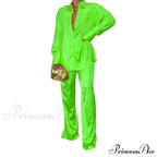 Casual - Set Elegant Women's Long and with Outfit Wide Solid Two Piece Arm Blouse Leg Loose Satin Pants