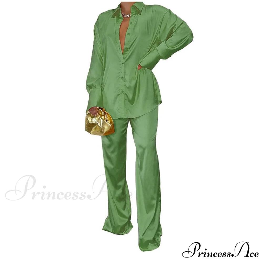Casual - Set Elegant Women's Long and with Outfit Wide Solid Two Piece Arm Blouse Leg Loose Satin Pants