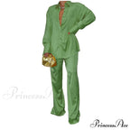 Casual - Set Elegant Women's Long and with Outfit Wide Solid Two Piece Arm Blouse Leg Loose Satin Pants