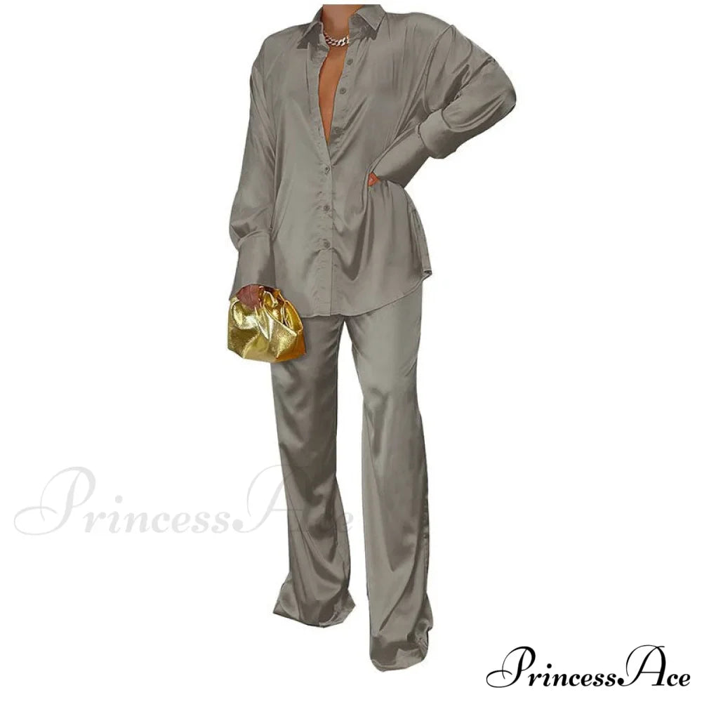 Casual - Set Elegant Women's Long and with Outfit Wide Solid Two Piece Arm Blouse Leg Loose Satin Pants