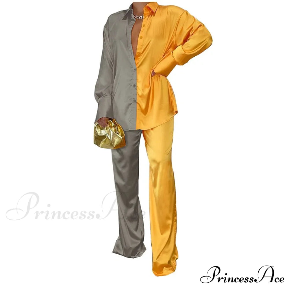 Casual - Set Elegant Women's Long and with Outfit Wide Solid Two Piece Arm Blouse Leg Loose Satin Pants