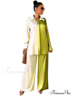 Casual - Set Elegant Women's Long and with Outfit Wide Solid Two Piece Arm Blouse Leg Loose Satin Pants