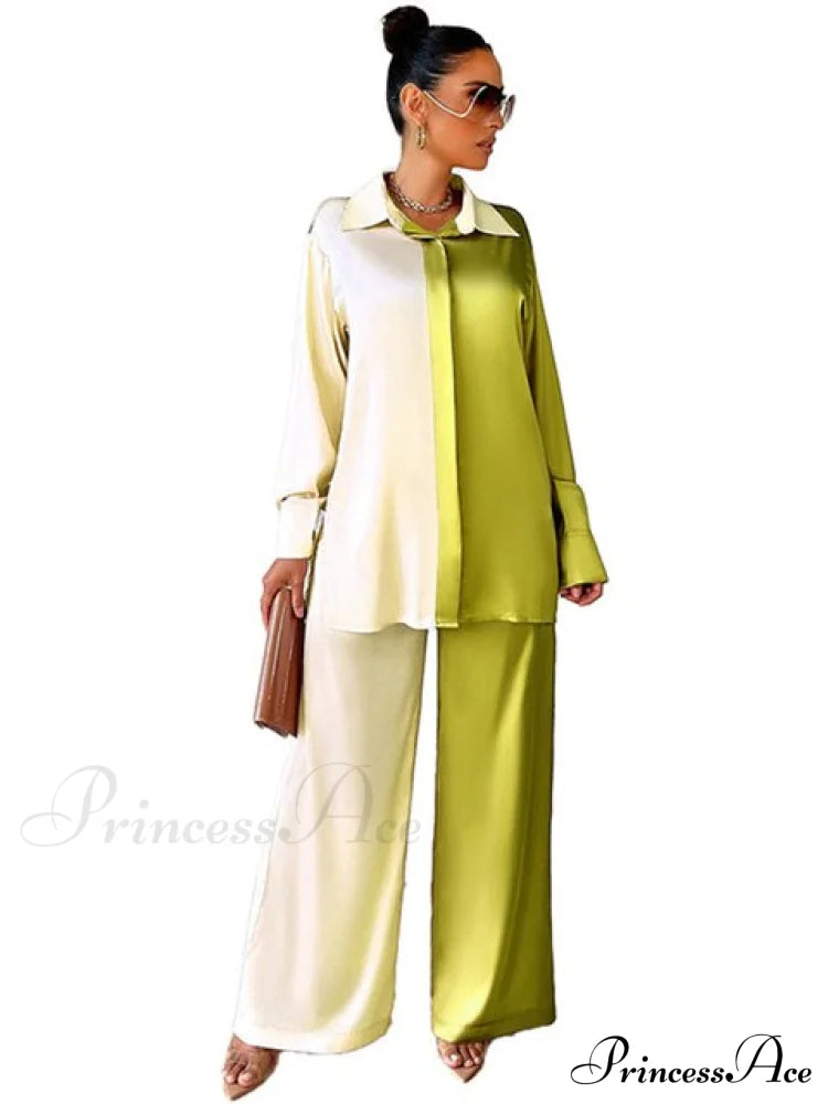 Casual - Set Elegant Women's Long and with Outfit Wide Solid Two Piece Arm Blouse Leg Loose Satin Pants
