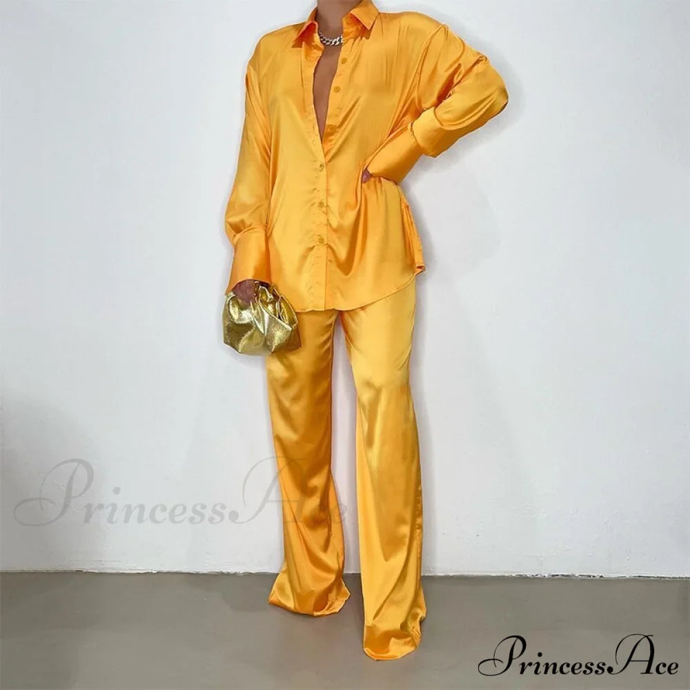 Casual - Set Elegant Women's Long and with Outfit Wide Solid Two Piece Arm Blouse Leg Loose Satin Pants