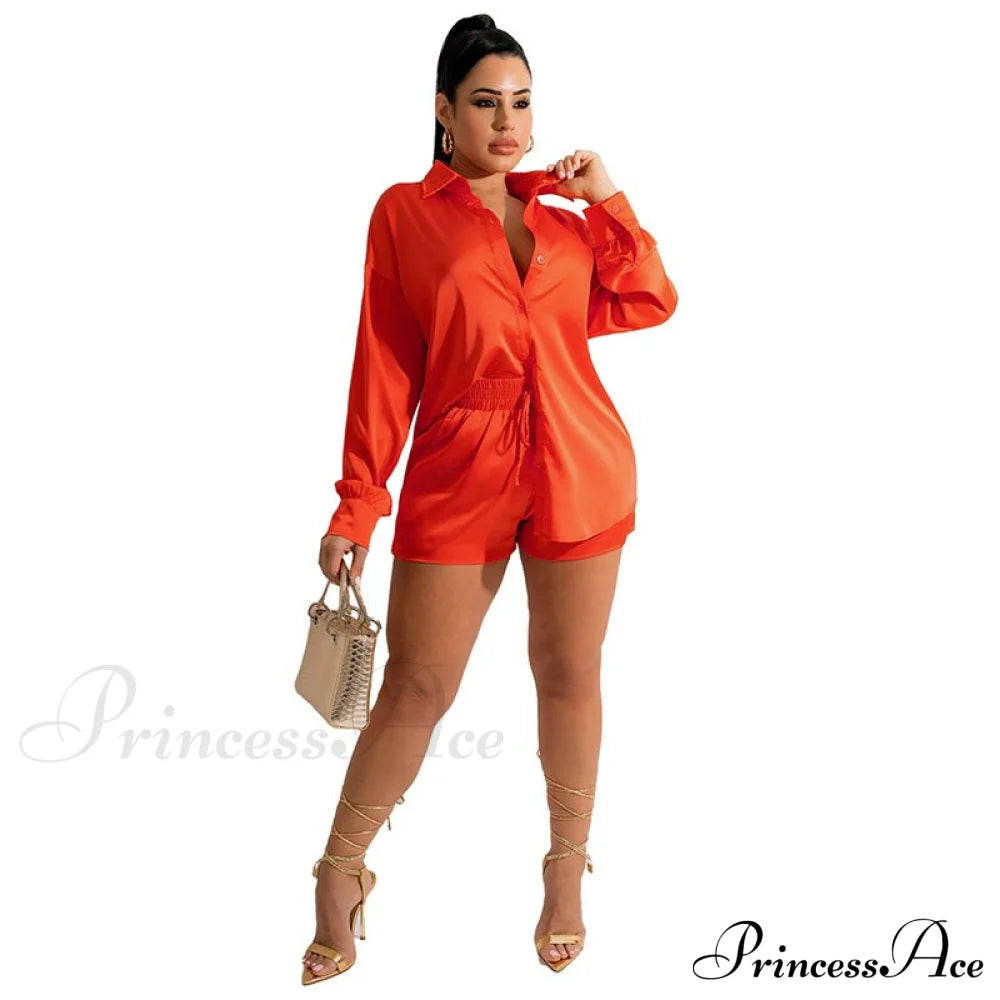 Casual - Set Elegant Women's Long and with Outfit Wide Solid Two Piece Arm Blouse Leg Loose Satin Pants