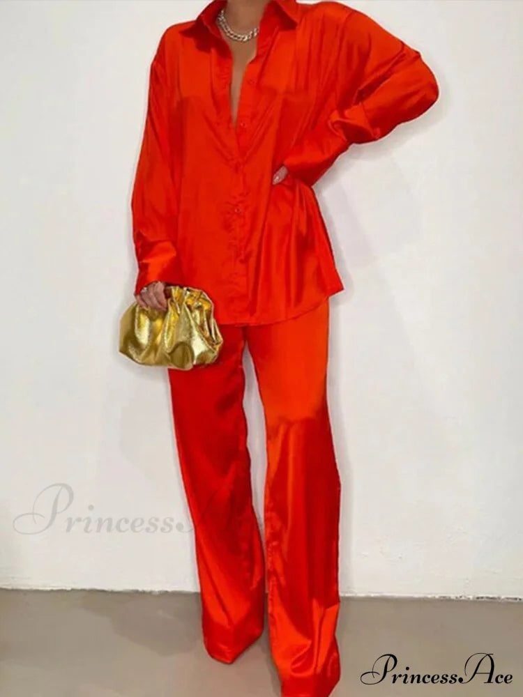 Casual - Set Elegant Women's Long and with Outfit Wide Solid Two Piece Arm Blouse Leg Loose Satin Pants