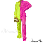 Casual - Set Elegant Women's Long and with Outfit Wide Solid Two Piece Arm Blouse Leg Loose Satin Pants