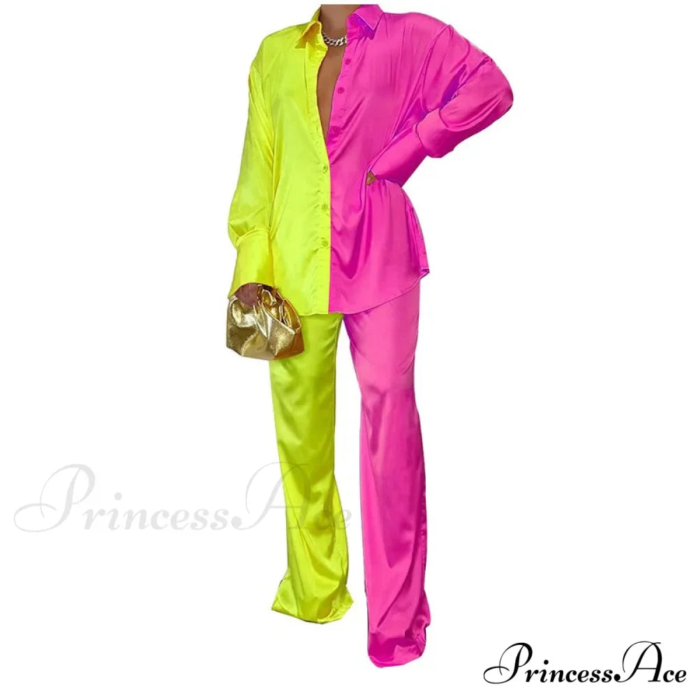 Casual - Set Elegant Women's Long and with Outfit Wide Solid Two Piece Arm Blouse Leg Loose Satin Pants