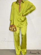 Casual - Set Elegant Women's Long and with Outfit Wide Solid Two Piece Arm Blouse Leg Loose Satin Pants