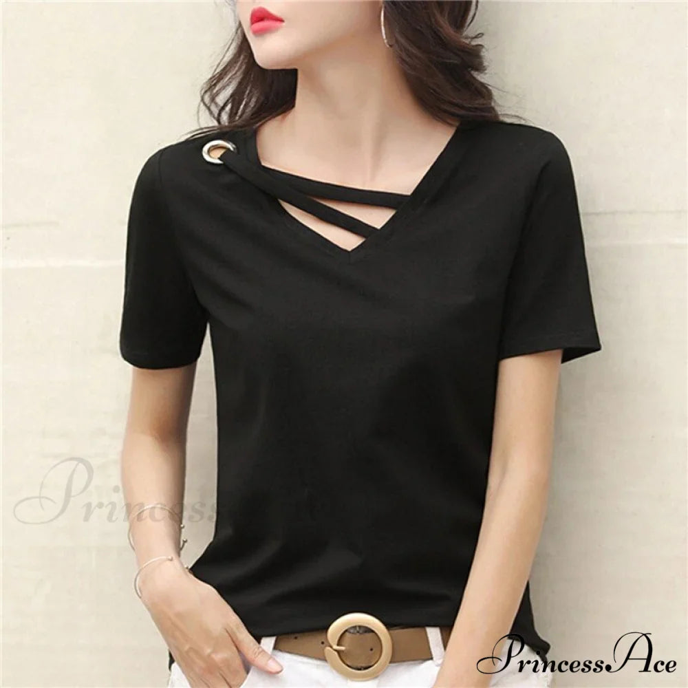 Casual Solid Color Short Sleeve V Neck T-shirt