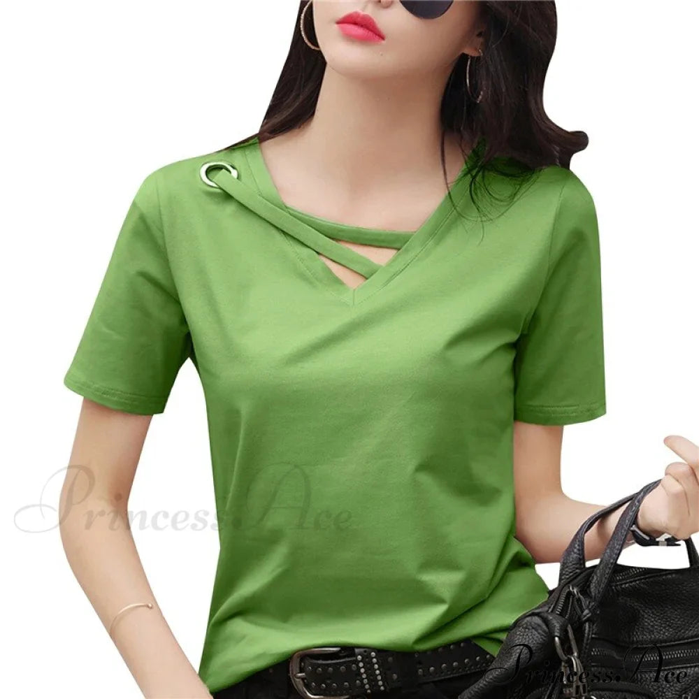 Casual Solid Color Short Sleeve V Neck T-shirt