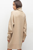 Casual Turtleneck Long Sleeve Shift Winter Oversized Sweater Mini Dress - Khaki