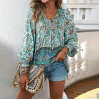 Casual V-Neck Floral Print Long Sleeve Boho Blouse