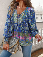 Casual V-Neck Floral Print Long Sleeve Boho Blouse