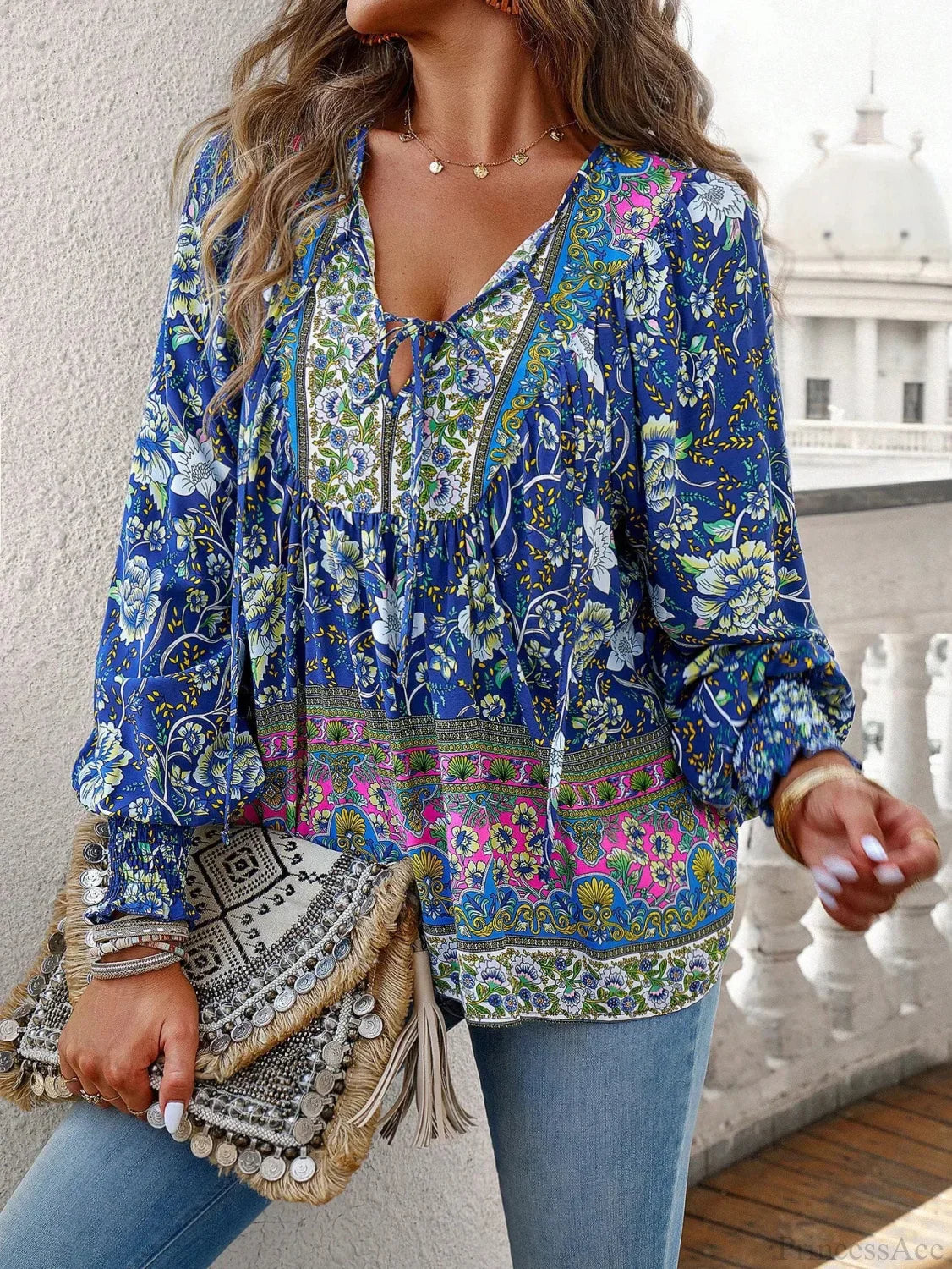 Casual V-Neck Floral Print Long Sleeve Boho Blouse