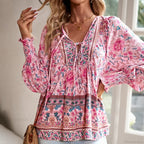 Casual V-Neck Floral Print Long Sleeve Boho Blouse