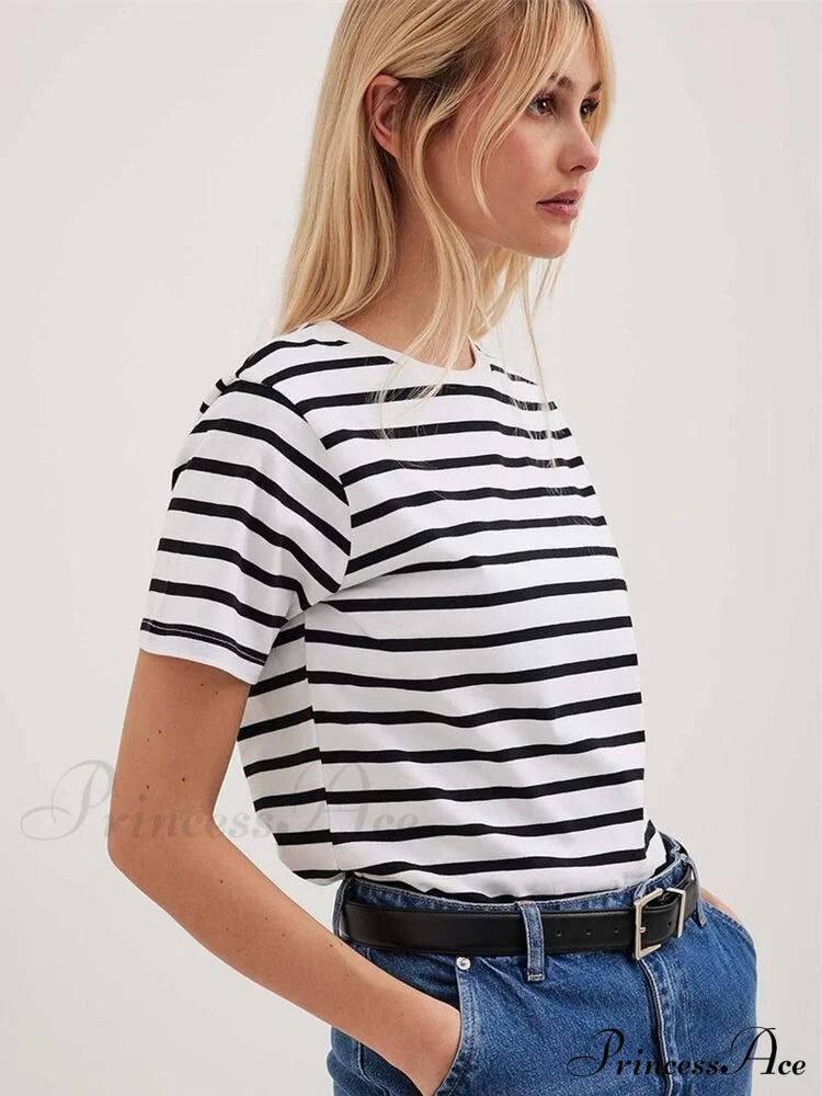 Casual Women's Cotton Harajuku Neck Brief Warm-Season Arm Tops Striped O Loose Tee T-Shirt Style