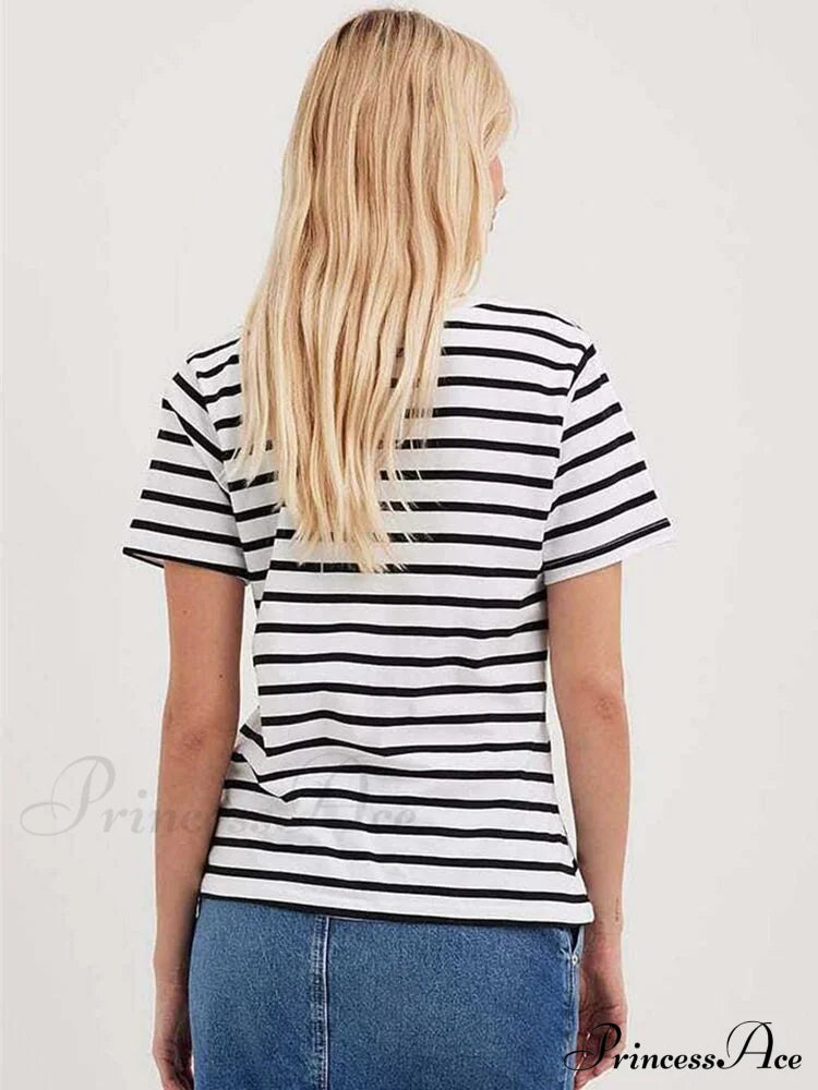 Casual Women's Cotton Harajuku Neck Brief Warm-Season Arm Tops Striped O Loose Tee T-Shirt Style