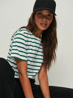 Casual Women's Cotton Harajuku Neck Brief Warm-Season Arm Tops Striped O Loose Tee T-Shirt Style