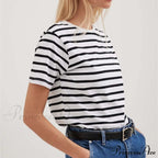 Casual Women's Cotton Harajuku Neck Brief Warm-Season Arm Tops Striped O Loose Tee T-Shirt Style