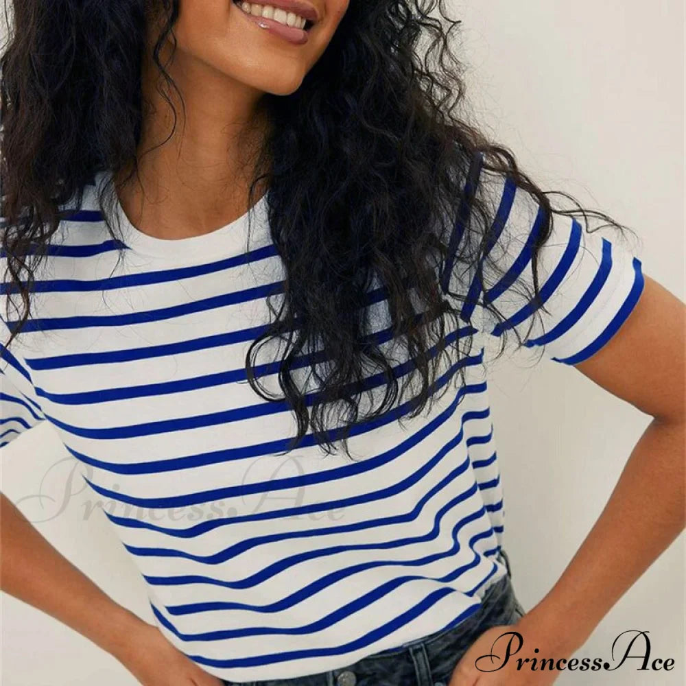Casual Women's Cotton Harajuku Neck Brief Warm-Season Arm Tops Striped O Loose Tee T-Shirt Style