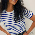 Casual Women's Cotton Harajuku Neck Brief Warm-Season Arm Tops Striped O Loose Tee T-Shirt Style