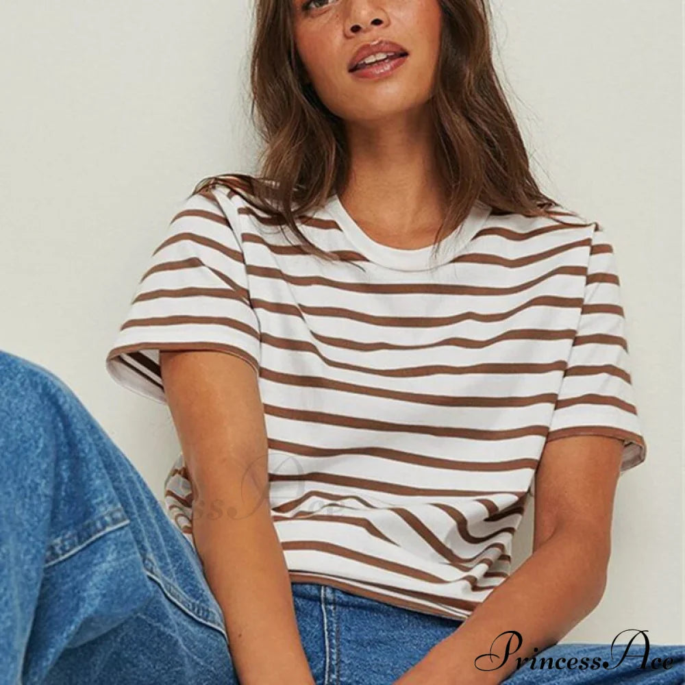 Casual Women's Cotton Harajuku Neck Brief Warm-Season Arm Tops Striped O Loose Tee T-Shirt Style